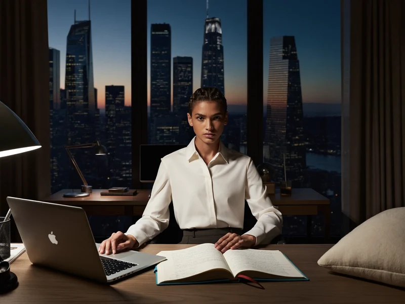 Ruhiges Heimbüro am Abend mit Schreibtischlampe, Laptop und Notizbuch (Illustration)