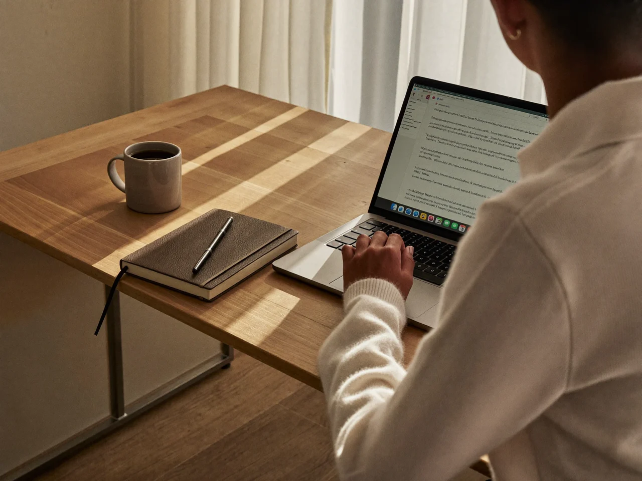Anfänger tippt am Holzschreibtisch auf dem Laptop, Notizbuch und Kaffee daneben