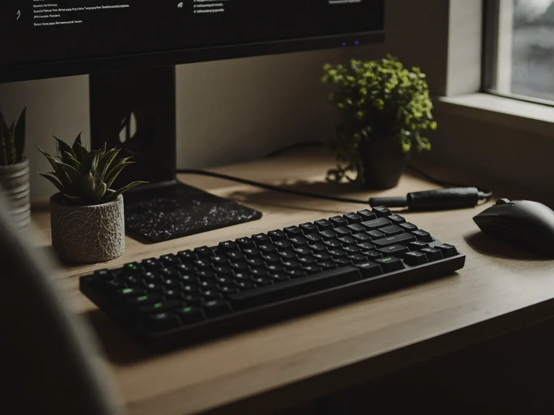 Entwicklerarbeitsplatz mit externem Monitor, Tastatur und kleinen Zimmerpflanzen
