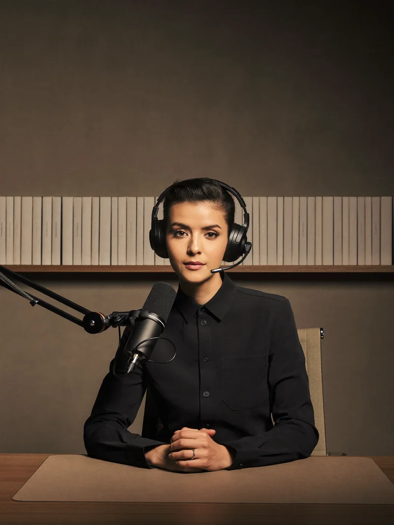 Dozentin oder Dozent mit Headset im Heimstudio mit Ringlicht und Mikrofon
